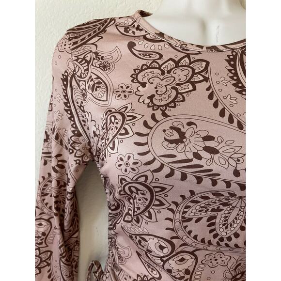 Brown Paisley Ruched Drawstring Side Long Sleeve Stretchy Crop Top Size S - Picture 4 of 7